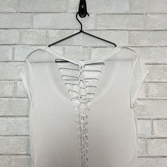 Monrow White Distressed Ladder Cotton Modal Short Sleeve Tee XS - Picture 3 of 6